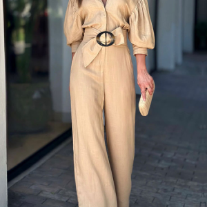 Lightweight Plain Urban Others Loose Short sleeve Jumpsuit, Jumpsuits, color:Apricot|size:XL, Stylewe
