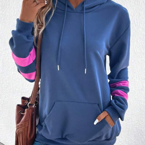 Contrast Paneled Kangaroo Pocket Dropped Shoulder Drawstring Hoodie, Sweatshirts & Hoodies, color:Blue|size:XXL, JustFashionNow