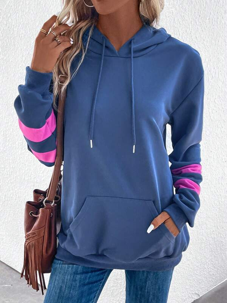 Contrast Paneled Kangaroo Pocket Dropped Shoulder Drawstring Hoodie, Sweatshirts & Hoodies, color:Blue|size:XXL, JustFashionNow