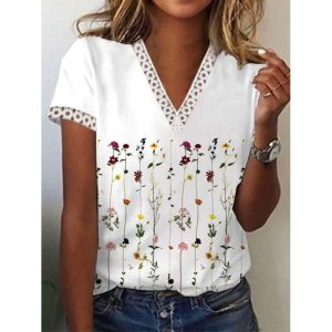 V-neck Cutout Loose Casual Floral Print Short Sleeve T-shirt, women tops, COTOSEN