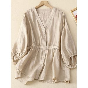 V-Neck Casual Loose Single-Breasted Long-Sleeved Blouse, women tops, , COTOSEN, Apparel Online, Cheap Clothes, Buy Now