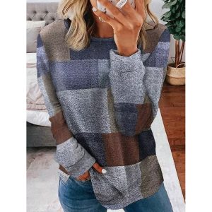 Round Neck Casual Loose Geometric Print Sweatshirt, women tops,  COTOSEN
