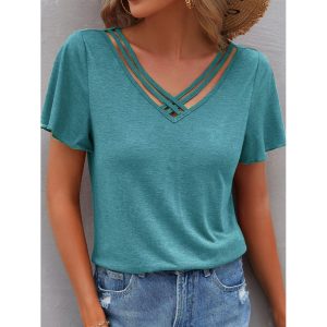 V-neck Hollow Loose Casual Solid Color Short-sleeved T-shirt, women tops, COTOSEN, Apparel Online, Cheap Clothes, Buy Now