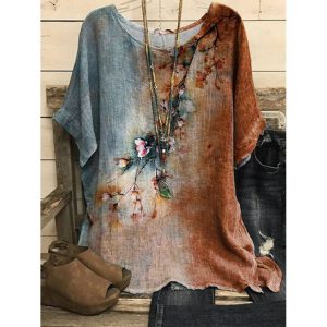 Round Neck Casual Loose Floral Print Short Sleeve Blouse, women tops, COTOSEN, Apparel Online, Cheap Clothes, Buy Now