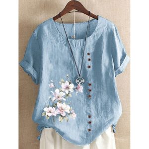 Round Neck Casual Loose Floral Print Short Sleeve Blouse, women tops, COTOSEN, Apparel Online, Cheap Clothes, Buy Now