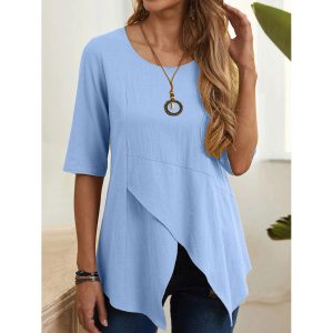 Round Neck Casual Loose Solid Color Short-Sleeved Blouse, women tops, , COTOSEN, Apparel Online, Cheap Clothes, Buy Now