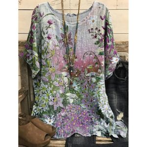 Round Neck Casual Loose Floral Oil Painting Print Short-Sleeved Blouse, women tops, , COTOSEN, Apparel Online, Cheap Clothes, Buy Now