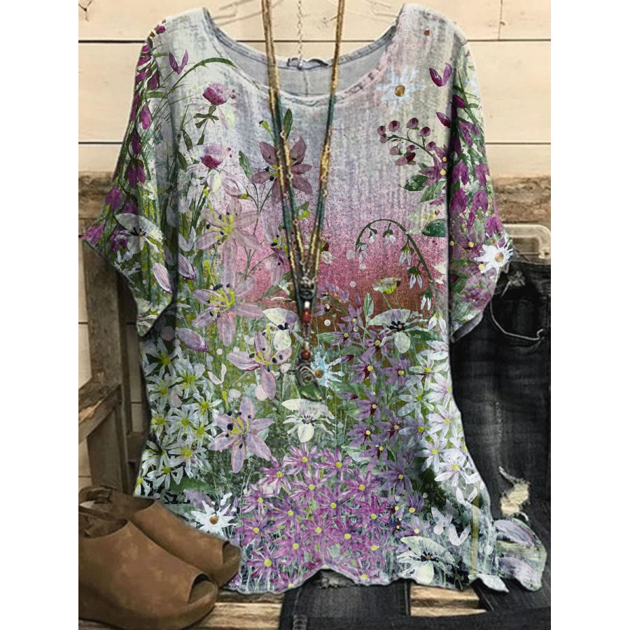 Round Neck Casual Loose Floral Oil Painting Print Short-Sleeved Blouse, women tops, , COTOSEN, Apparel Online, Cheap Clothes, Buy Now