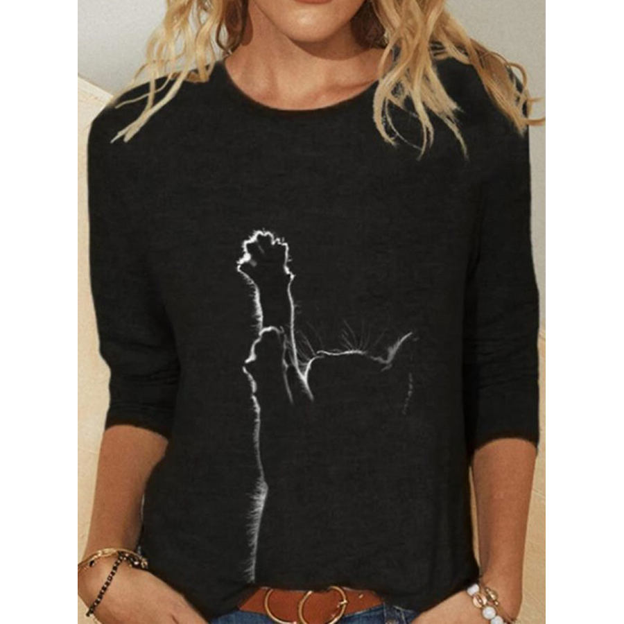 Round Neck Casual Loose Cat Print Long Sleeve T-shirt, women tops, , COTOSEN, Apparel Online, Cheap Clothes, Buy Now