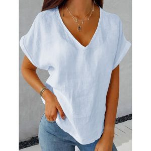 V-neck Loose Casual Solid Color Short-sleeved Blouse, women tops, , COTOSEN, Apparel Online, Cheap Clothes, Buy Now