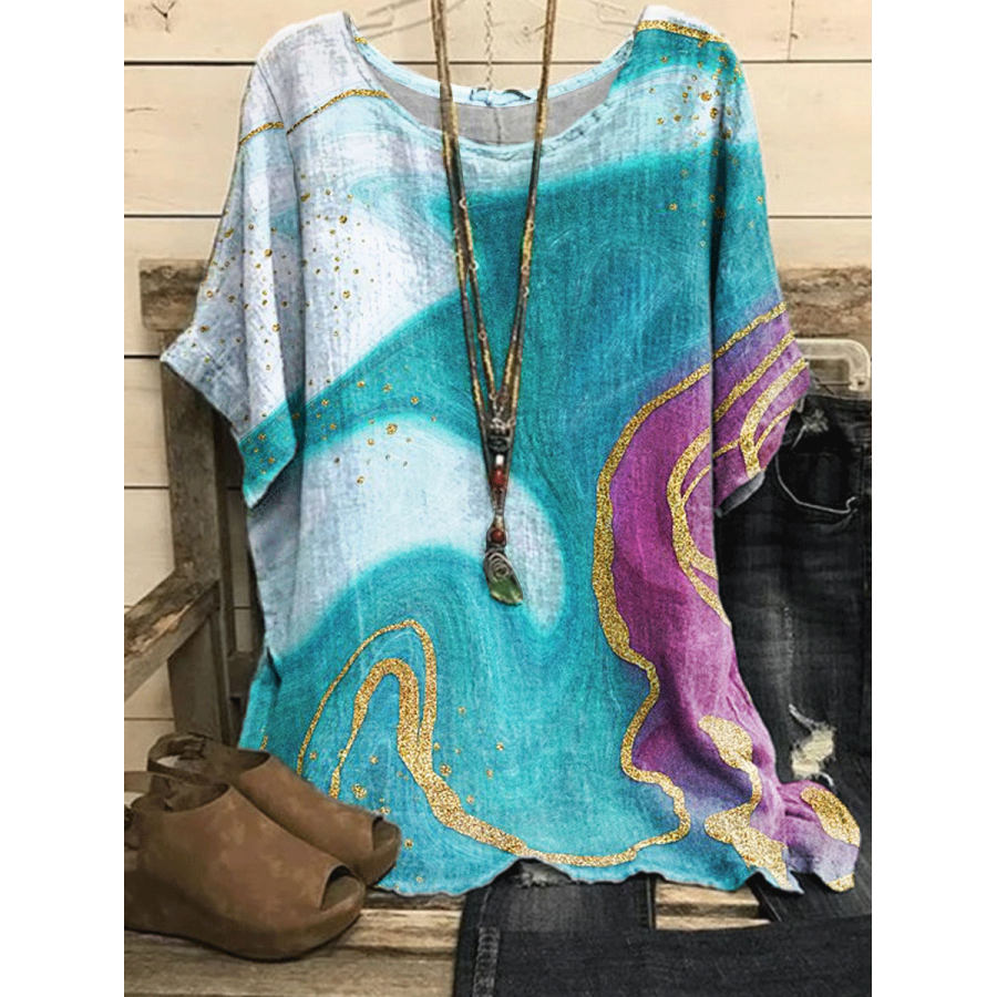 Round Neck Casual Loose Bronzing Printed Short-sleeved Blouse, women tops, COTOSEN