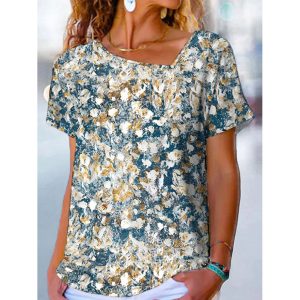 V-Neck Casual Loose Retro Oil Painting Print Short-Sleeved T-Shirt, women tops, , COTOSEN, Apparel Online, Cheap Clothes, Buy Now