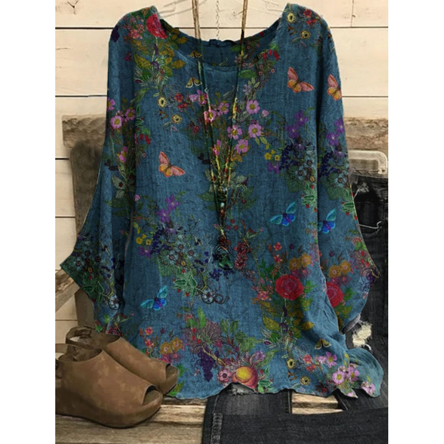 Round Neck Floral Print Casual Loose Long-sleeved Blouse, women tops, COTOSEN