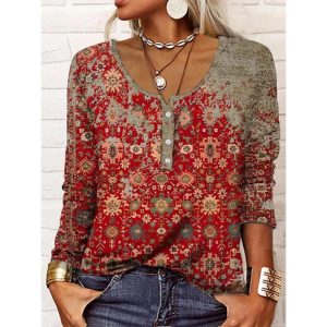 Round Neck Casual Loose Vintage Print Long Sleeve T-shirt, women tops, COTOSEN, Apparel Online, Cheap Clothes, Buy Now