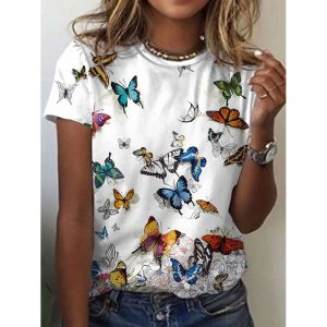 Round Neck Butterfly Print Casual Short-sleeved T-shirt, women tops, , COTOSEN, Apparel Online, Cheap Clothes, Buy Now