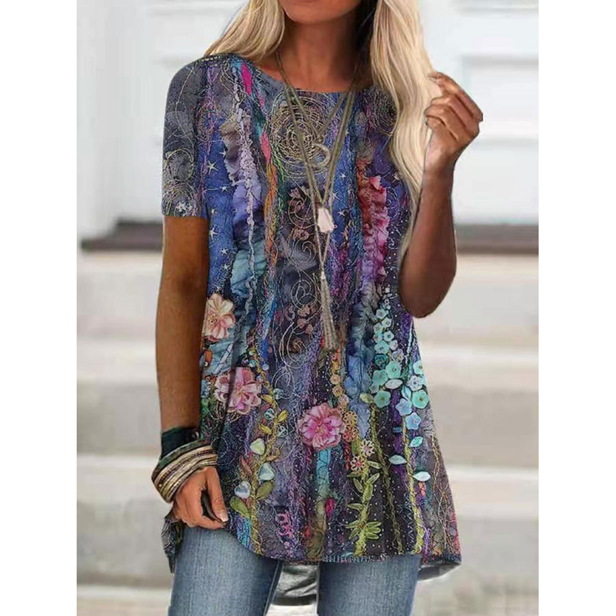 Round Neck Casual Loose Floral Print Short Sleeve T-shirt, women tops, COTOSEN, Apparel Online, Cheap Clothes, Buy Now