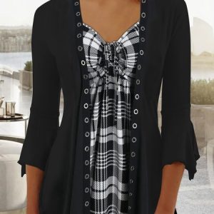 Casual Others Regular Fit Plaid Top, Shirts & Blouses, color:Black|size:XXL, JustFashionNow