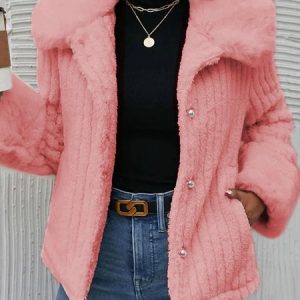 Loose Casual Plain Texture Fluff/Granular Fleece Fabric Teddy Jacket, Coats, color:Pink|size:XXL, JustFashionNow