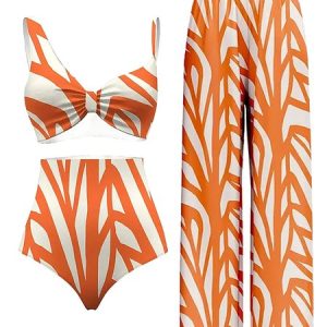 Vacation Abstract Printing  Notched Bikini With Cover Up, swimwear>>Bikini Sets, color:Orange|size:S, JustFashionNow