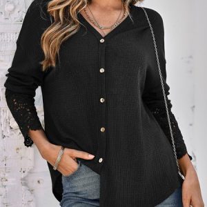 Lace Casual Loose Buttoned Top, Shirts & Blouses, color:Black|size:XXL, JustFashionNow