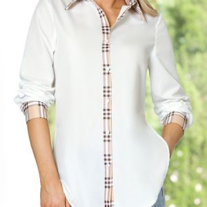 Stylewe Regular Fit Urban Plaid Long Sleeve Blouse, Blouses and Shirts, color:White|size:XS, Stylewe