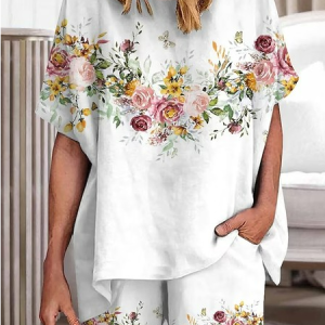 Floral Crew Neck Loose Casual Two-Piece Set, Suit Set, color:White|size:XXL, JustFashionNow