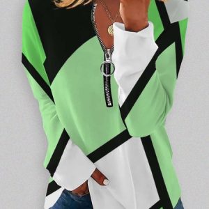 Casual V Neck Geometric Sweatshirt, Hoodies & Sweatshirts, color:Green|size:5XL, Noracora