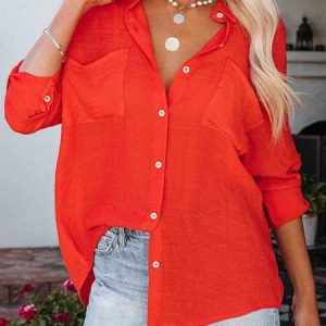 Buttoned Plain Casual Blouse, Shirts & Blouses, color:Orange Red|size:XXL, JustFashionNow