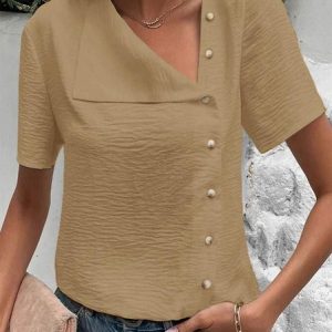 Plain Short Sleeve Buckle Casual Blouse, Blouses, color:Khaki|size:XS, Noracora