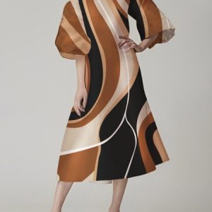 Midi Geometric Regular Fit Crew Neck Elegant Dress, Midi Dresses, color:Khaki|size:XXL, Stylewe
