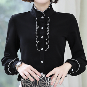 Long Sleeve Plain Flouncing Regular Regular Fit Blouse For Women, Shirts, color:Black|size:3XL, Noracora