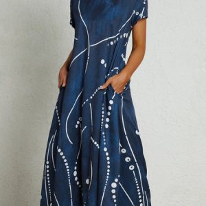 Pockets Short Sleeve Woven Dress, Dresses, color:Dark Blue|size:XXL, JustFashionNow