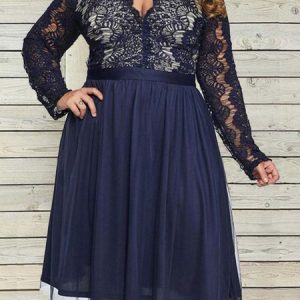 Plus Size V Neck Casual Lace Regular Fit Dress With No, Dresses, color:Purplish blue|size:4X, JustFashionNow