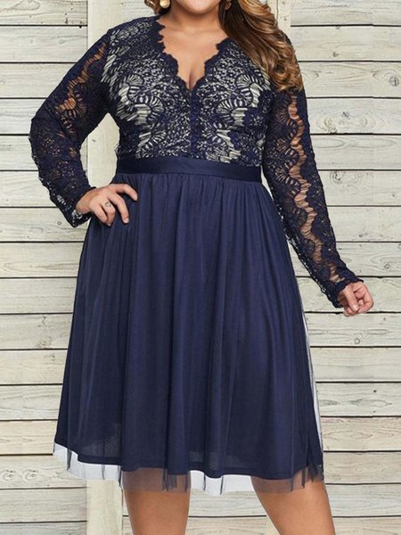 Plus Size V Neck Casual Lace Regular Fit Dress With No, Dresses, color:Purplish blue|size:4X, JustFashionNow