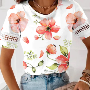 Lace Crew Neck Casual Regular Fit T-Shirt, T-Shirts, color:White|size:XXL, JustFashionNow