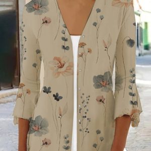 Casual Floral Printed Loose Kimono, Cardigans, color:Khaki|size:XXL, JustFashionNow