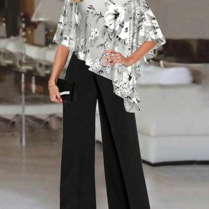 Crew Neck Floral Two-Piece Set, Suit Set, color:Black|size:XXL, JustFashionNow