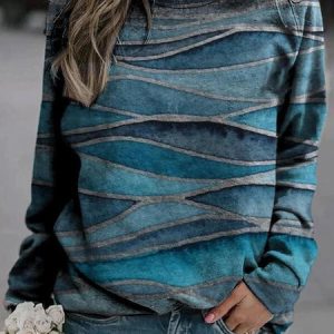 Casual Long Sleeve Wave Printed Sweatshirt, Hoodies & Sweatshirts, color:Blue|size:XXL, Noracora