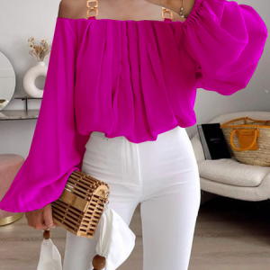 No Elasticity Square Neck Long sleeve Elegant Loose Shirt, Blouses and Shirts, color:Rose Red|size:XXL, Stylewe