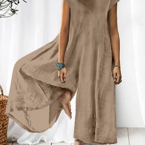 Women's Solid Color Half High Neck Cotton Linen Jumpsuit, Jumpsuits&Rompers, color:Khaki|size:XXL, JustFashionNow