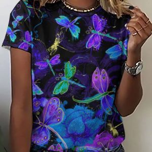 Womens Dragonfly Print Crew Neck T-Shirt, color:As Picture|size:3XL, Lilicloth.com