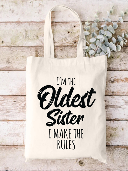 I'M The Oldest Sister Family Text Letters Shopping Tote Bag, color:White|size:One-size, Lilicloth.com
