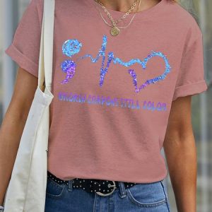 Women's Health Matters Broken Crayons Still Color Graphic Printing Cotton Casual Crew Neck Loose T-Shirt, color:Pink|size:3XL, Lilicloth.com