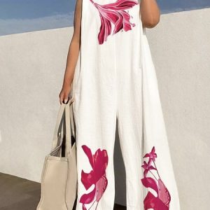 White Daily Loose Floral Casual Jumpsuit, Jumpsuits, color:White|size:XXL, Stylewe