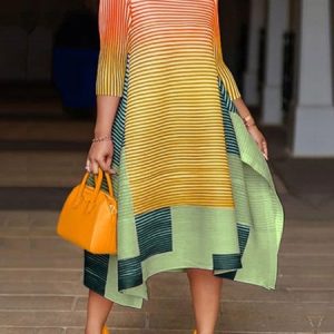 Crew Neck Three Quarter Striped  Printed Dress, Midi Dresses, color:Multicolor|size:XXL, Stylewe