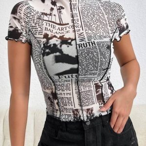 Regular Fit Newspaper Print Urban T-Shirt, Tees, color:White|size:XXL, Stylewe