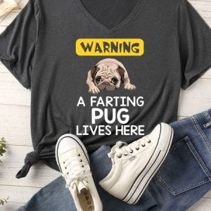Women's Warning A Farting Pug Lives Here Matching V Neck T-Shirt, color:Gray|size:XXL, Lilicloth.com