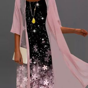 Two Piece Floral Sleeveless Round Neck Printed Dress With Three Quarter Sleeve Outwear, Midi, color:Pink|size:XXL, catalog Noracora shop