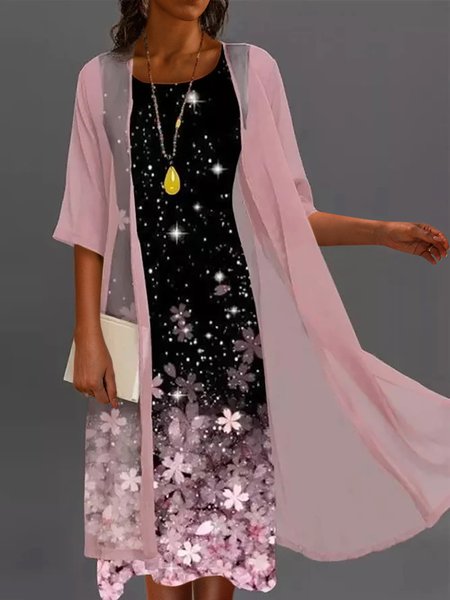 Two Piece Floral Sleeveless Round Neck Printed Dress With Half Sleeve Outwear, Suit Set, color:Pink|size:XXL, JustFashionNow