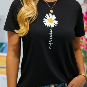 Crew Neck Floral Vacation Loose Floral & Letter Graphic T-Shirt, T-Shirts, color:Green|size:XXL, JustFashionNow